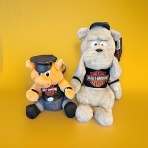 Pair Vintage Harley Davidson Stuffed Toy Pig Bulldog Tag Intact 1993